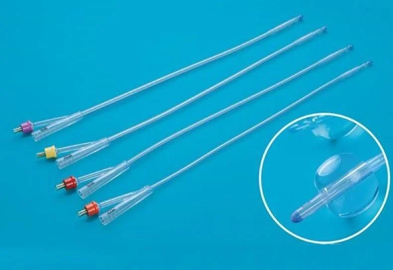 Medical Foley catheters with color-coded ports and an inset showing an inflated balloon tip