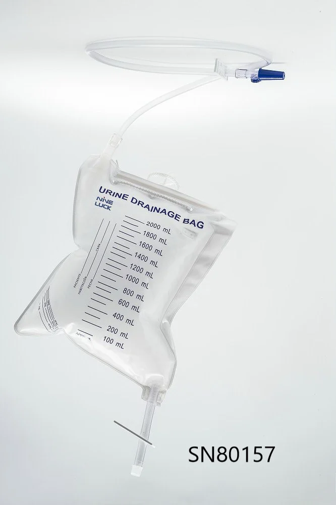 Medical urine drainage bag with tubing and volume measurement markings