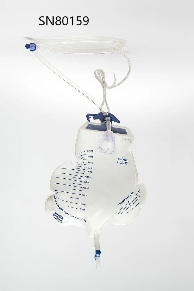 Medical drainage bag with tubing and measurement marks
