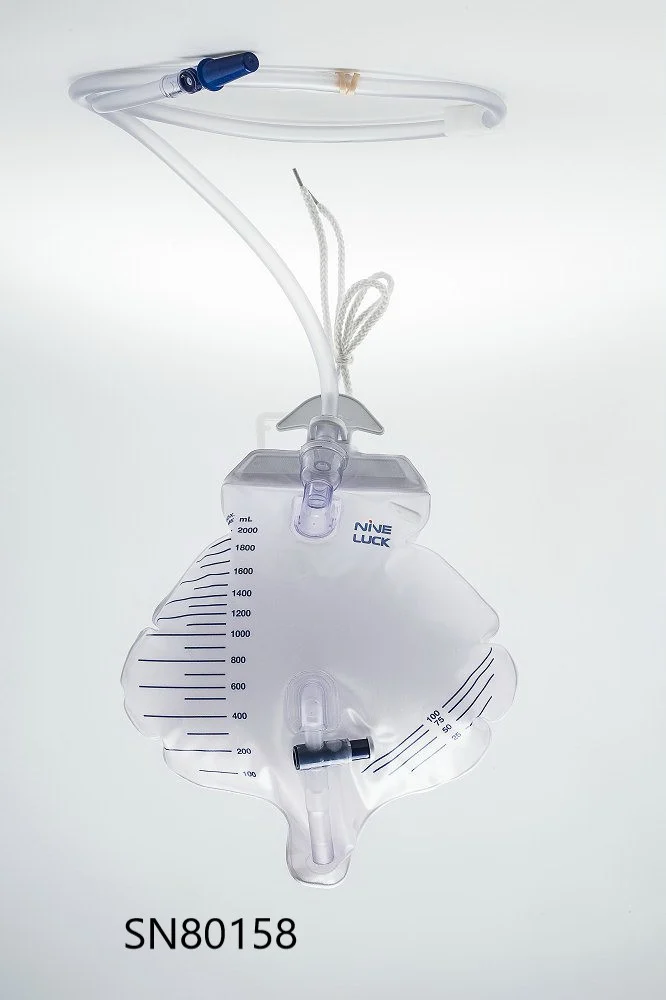 Transparent medical fluid collection bag with volume markings and tubing on a white background