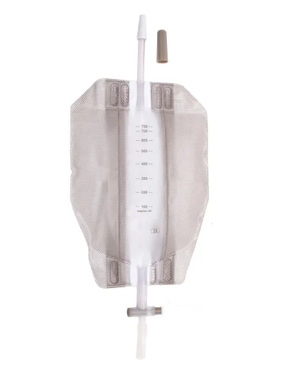Medical fluid drainage bag with graduated volume markings and tubing on white background