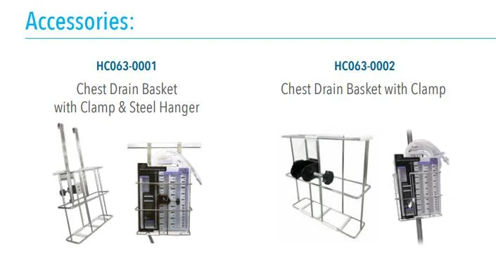 Medical chest drain wire baskets with mounting clamps and steel hangers