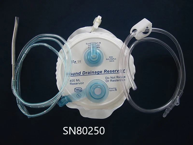 Closed wound drainage reservoir kit with connected tubing and trocar