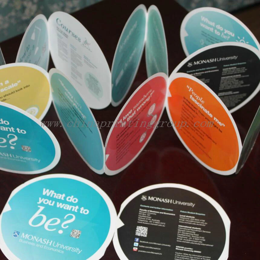 Die cut circular brochure fanned out to show fold sequence
