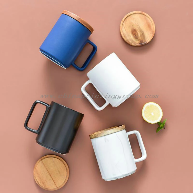 Close view of printed logo panel on a branded ceramic mug