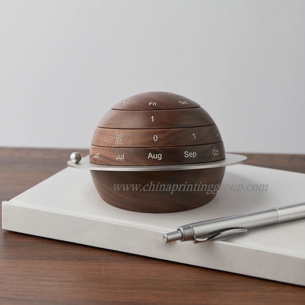Solid wooden perpetual desk calendar with laser engraved logo