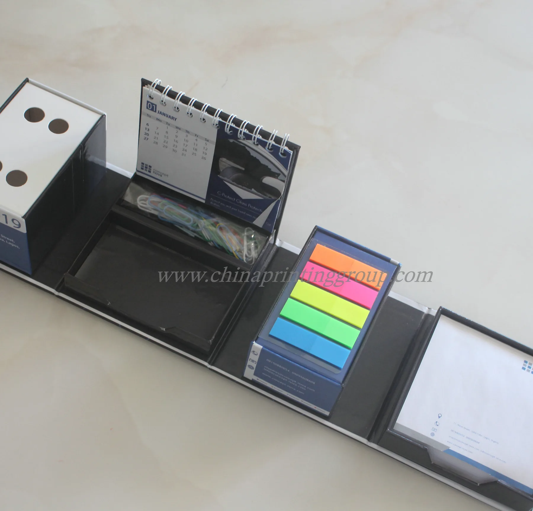 Custom logo folded notepad box with printed calendar and pen holder