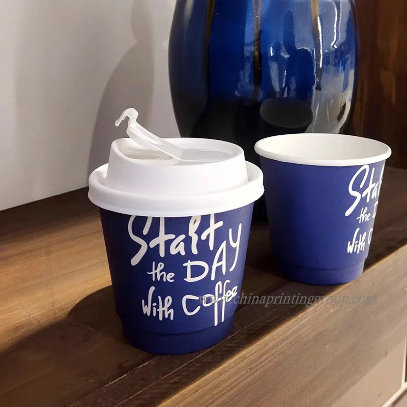 Double wall paper coffee cup with printed logo and plastic lid