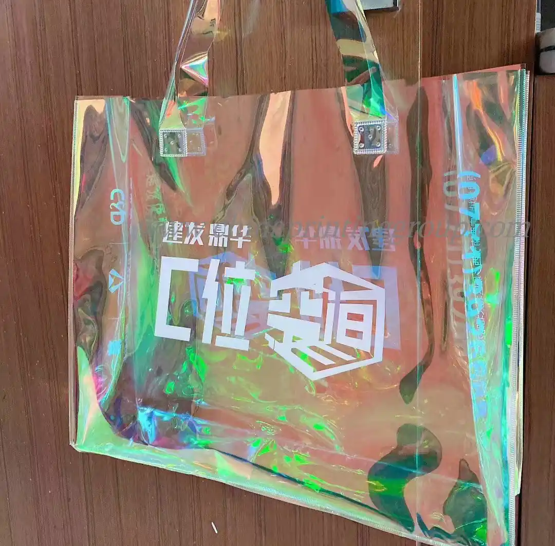 Holographic PVC tote bag showing iridescent film finish