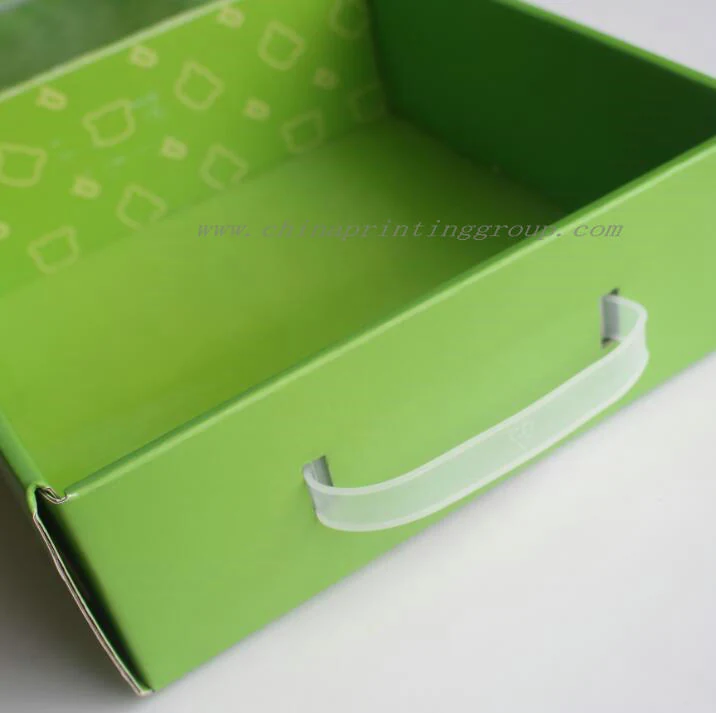 Corrugated mailer box shown open with the front flap folded down