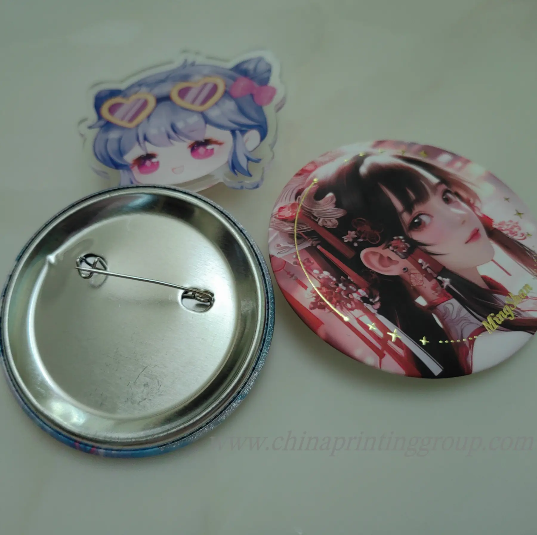 Custom printed button pins packed for a promotional order