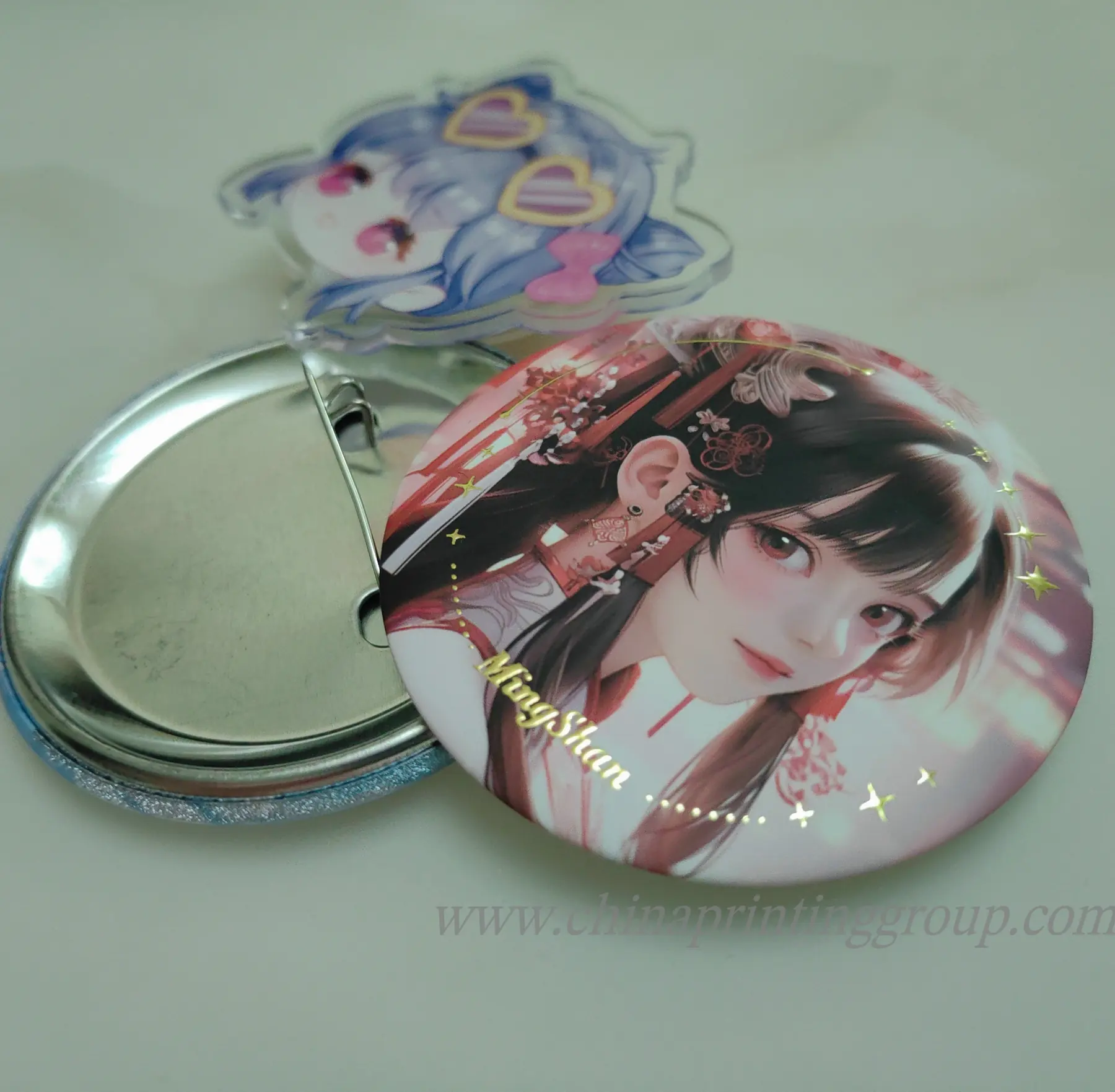 Custom metal pin buttons printed with full colour logo designs