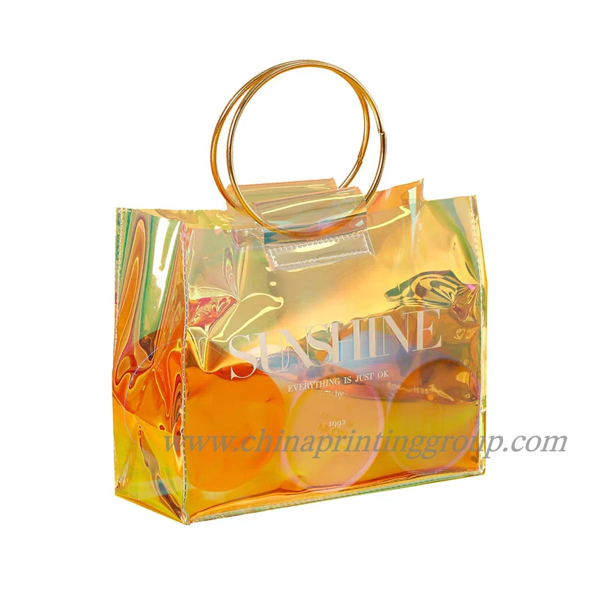 Clear plastic shopping bag shown with handles and contents visible