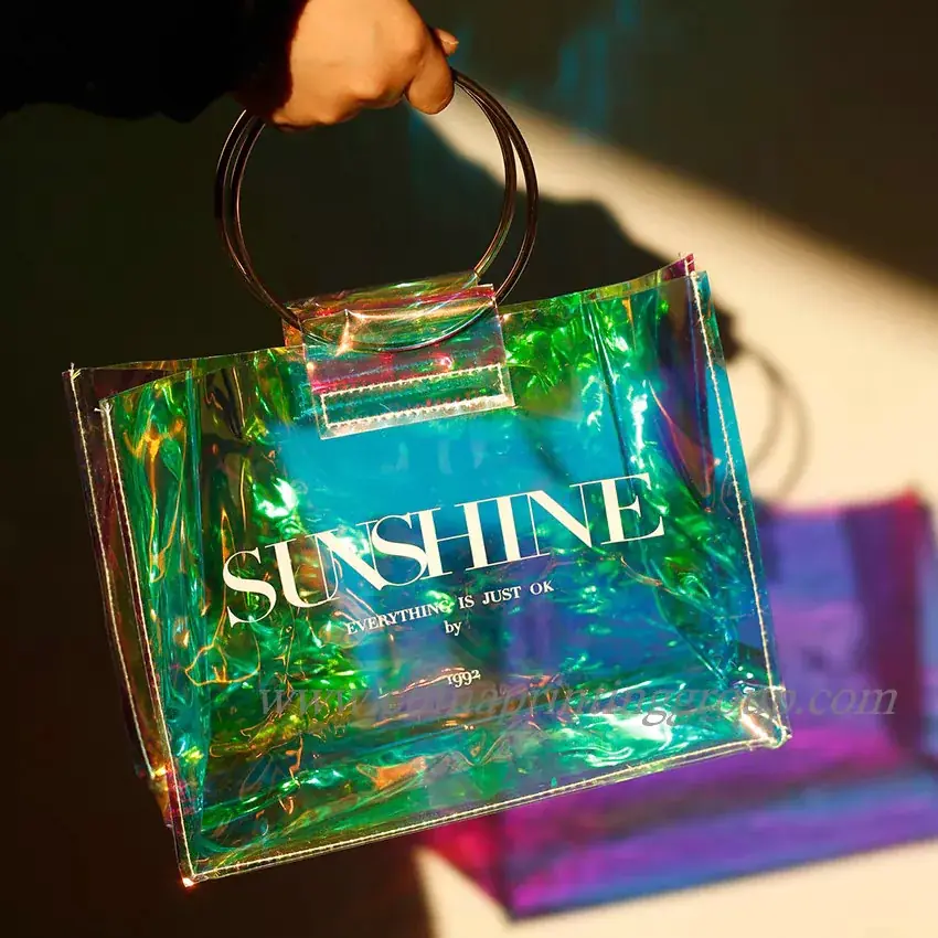 Laser film shopping bags shown in several colours