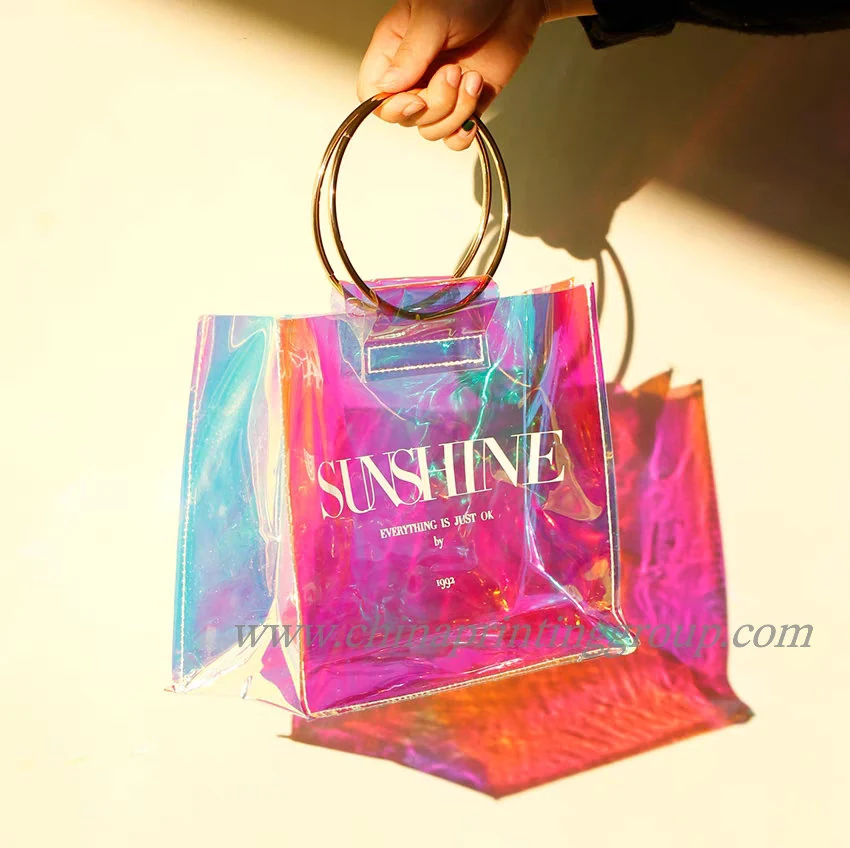 Holographic PVC shoulder tote bag in an iridescent finish