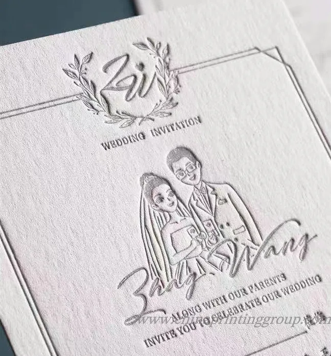 Letterpress invitation card showing impression depth on thick cotton paper