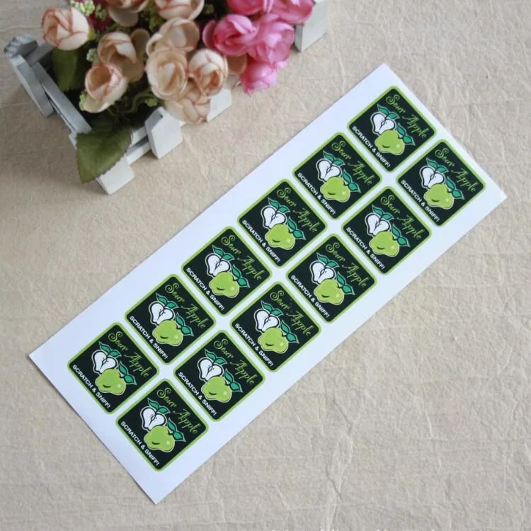 Close view of a scratch and sniff label surface