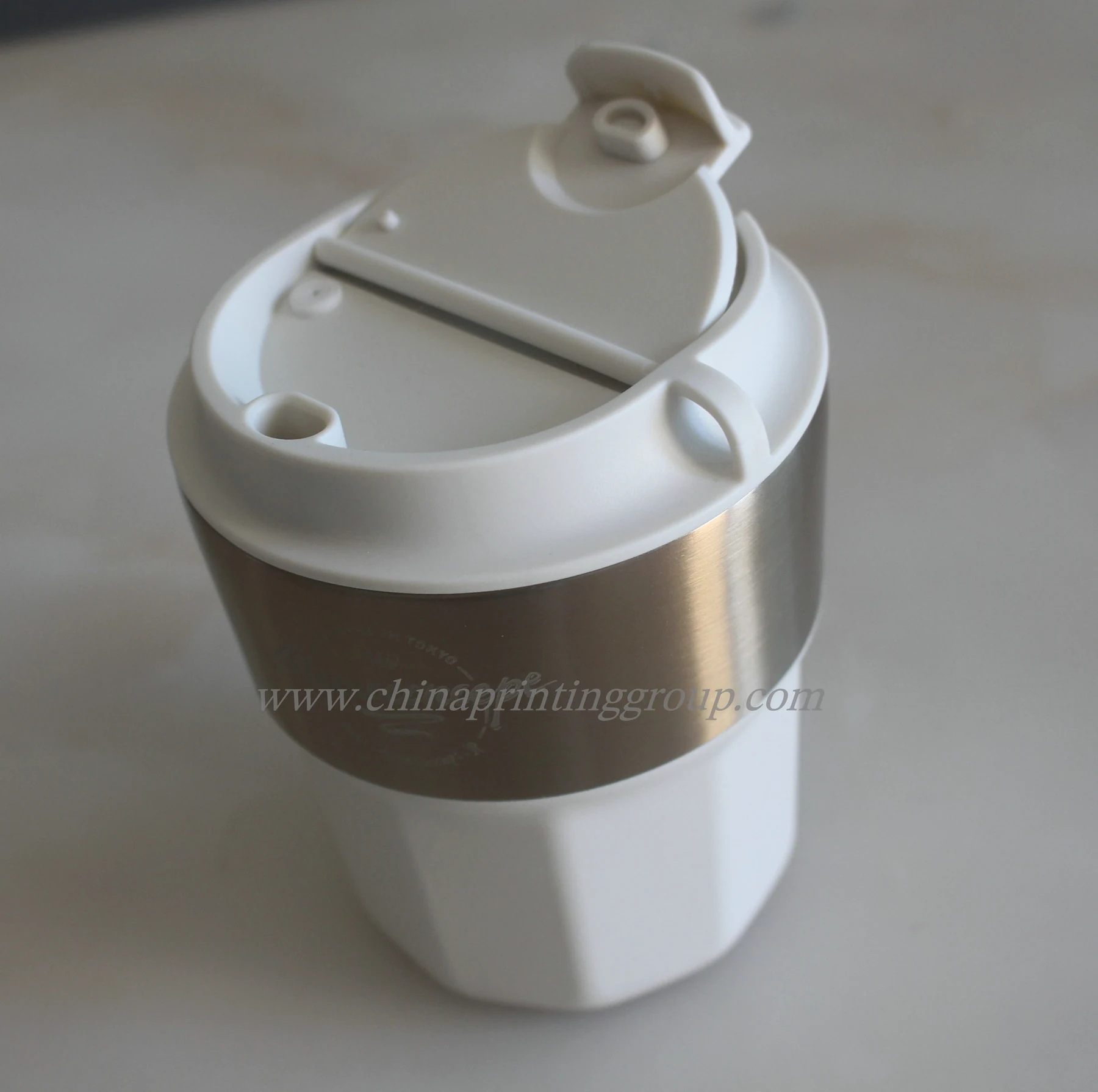 Stainless steel vacuum travel mug with custom printed logo