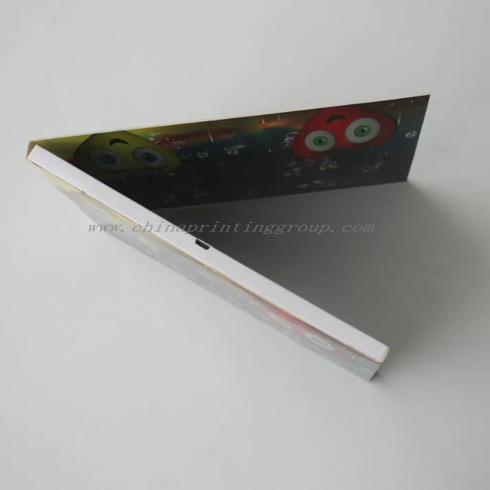 Video brochure open showing a large screen playing content