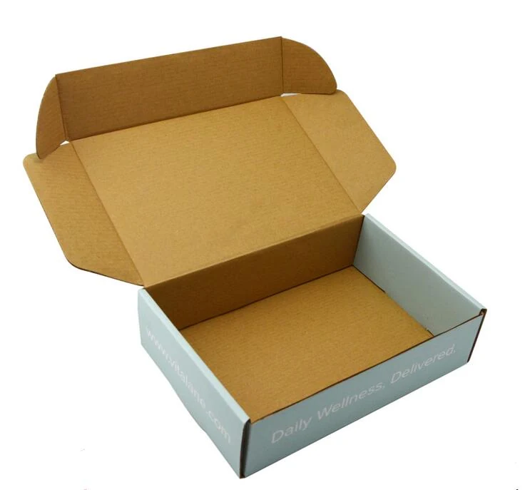 Glossy printed corrugated shipping mailer box shown assembled