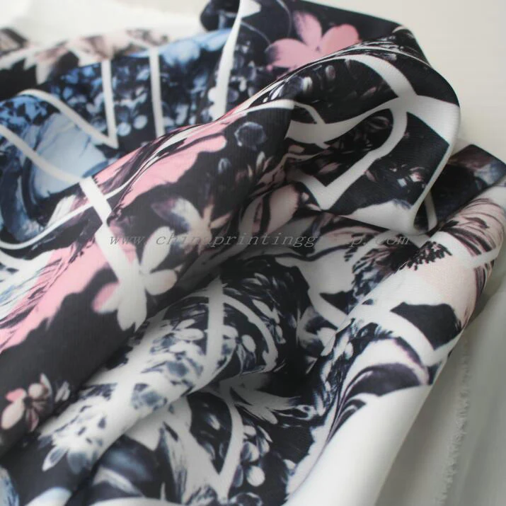Printed stretch polyester fabric draped to show hand feel
