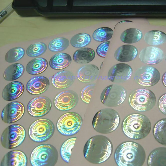Close view of holographic laser film pattern on a label