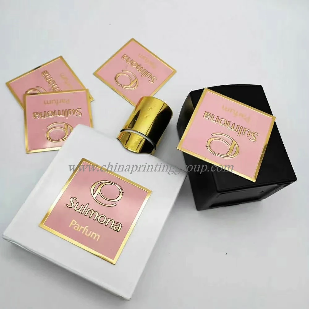 Gold finished metal sticker label applied to a wine bottle