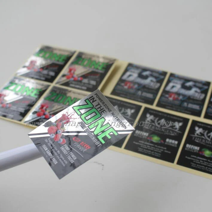 Sheet of metallic stickers with colour printed instruction text