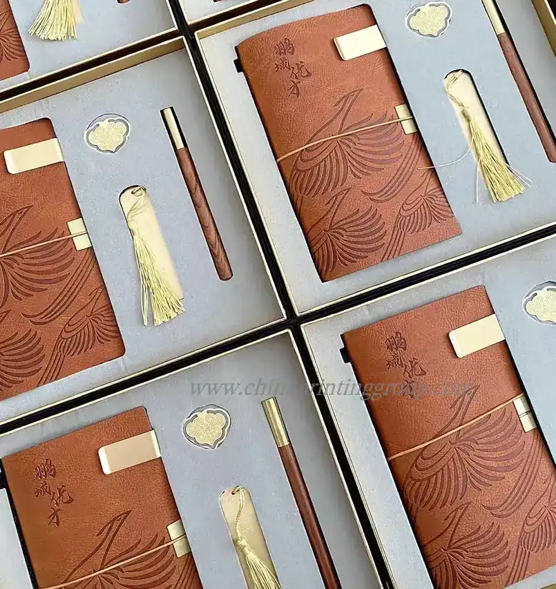 Hardcover notebook open showing lined woodfree inner pages