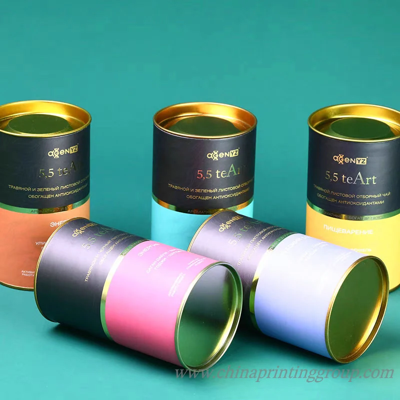 Paper tube container for tea packaging with gold foil printed wrap