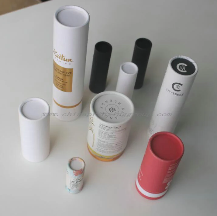 Full colour printed paper tube packaging holding a cosmetic bottle