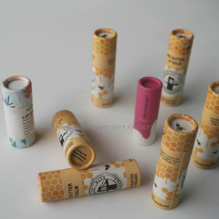 Paper push up lip balm tube shown with the lid removed