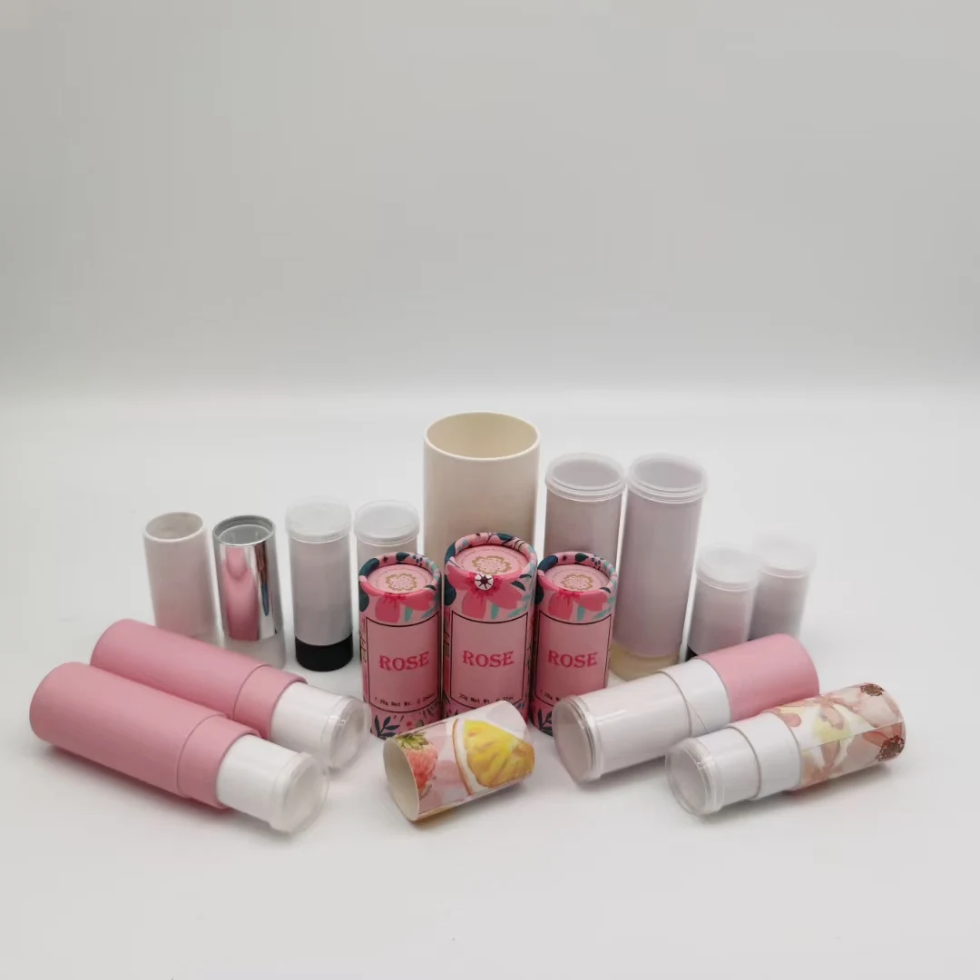 Set of printed paperboard lip balm tubes in different colours