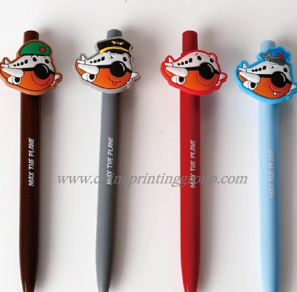 Close view of a printed logo on a plastic pen barrel