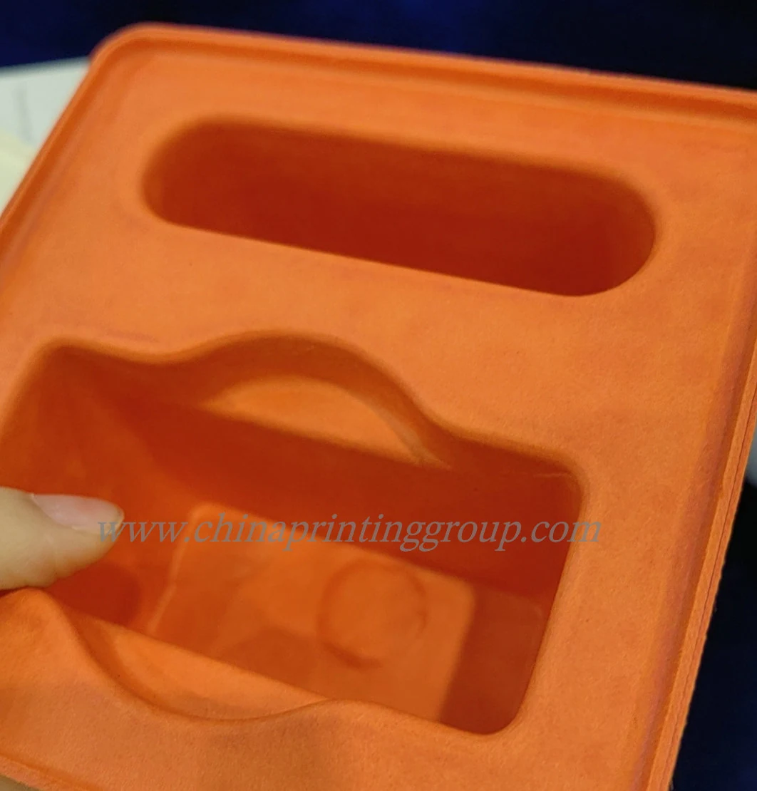 Close view of an embossed logo on a moulded pulp box lid