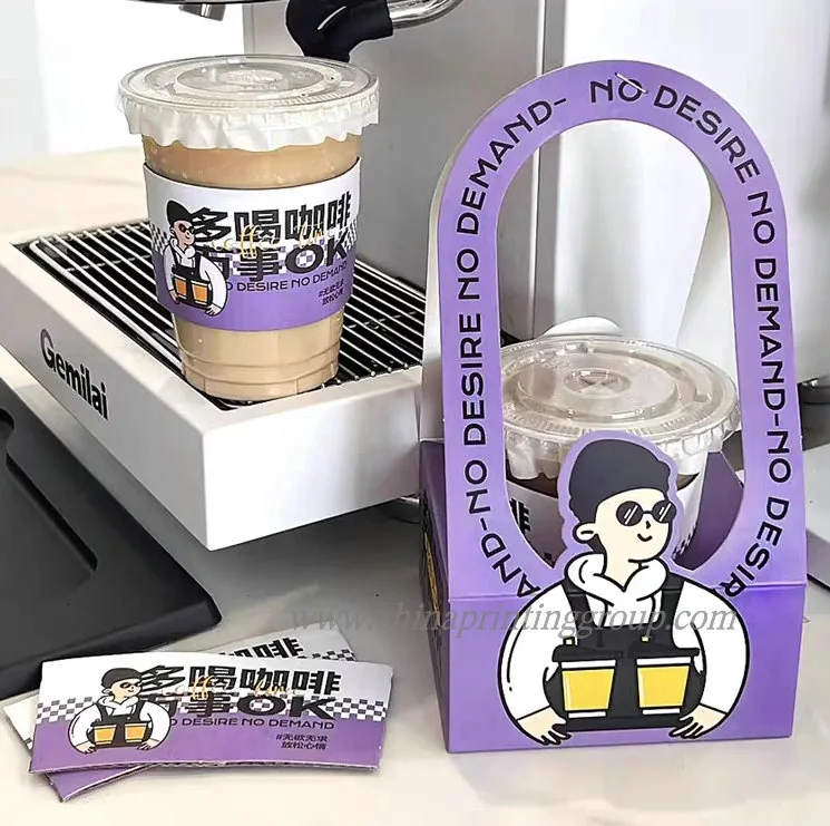 White paper cup carrier tray with handle holding takeaway cups