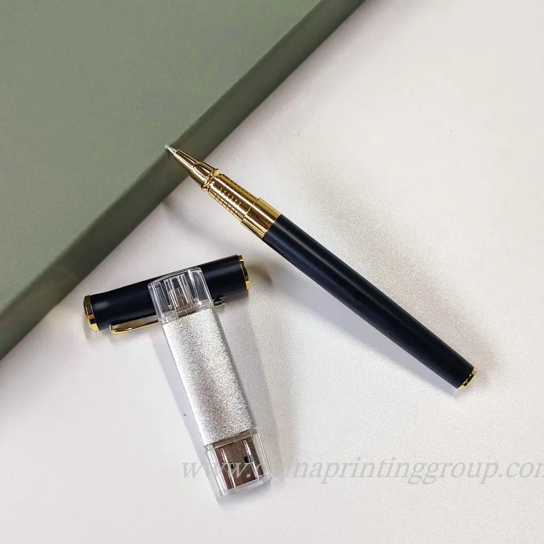 Personalised metal pens shown in black and silver finishes