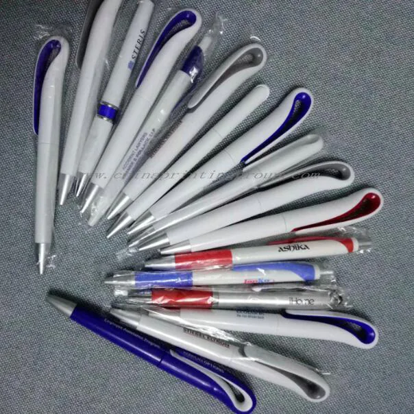 Custom plastic ballpoint pen with printed logo on the barrel