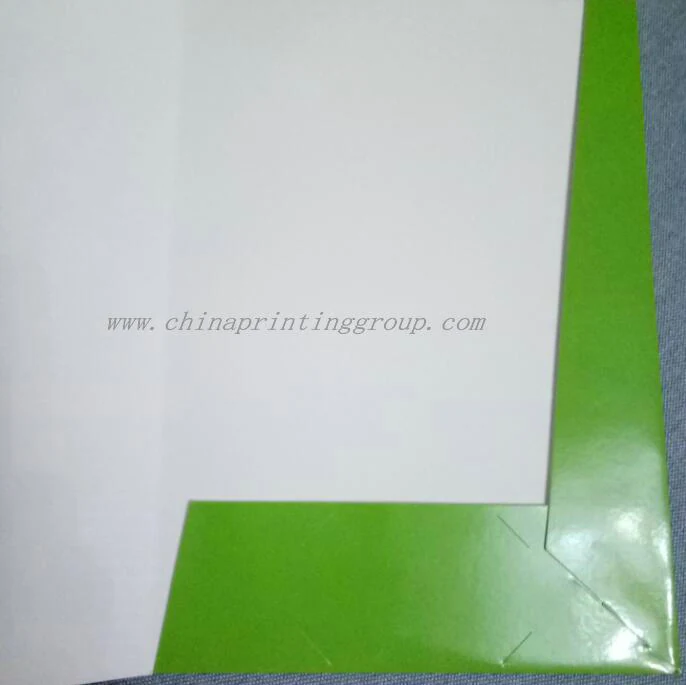 Paper pocket folder opened showing both pockets and business card slot