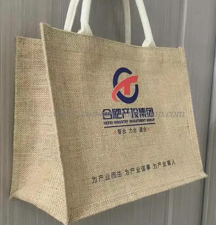 Blank burlap tote bag with natural open weave and handles