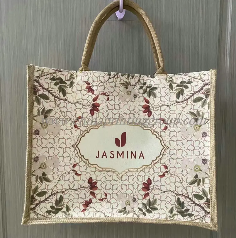 Jute shopping bag printed with a full colour design