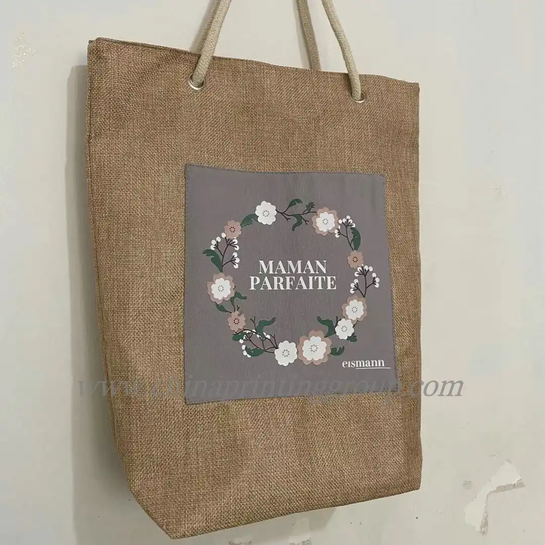 Jute beach tote bags shown in several printed designs