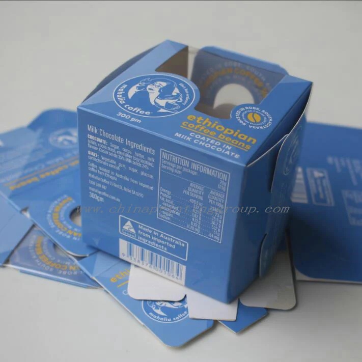 Printed coffee bean box showing the plastic window and top handles