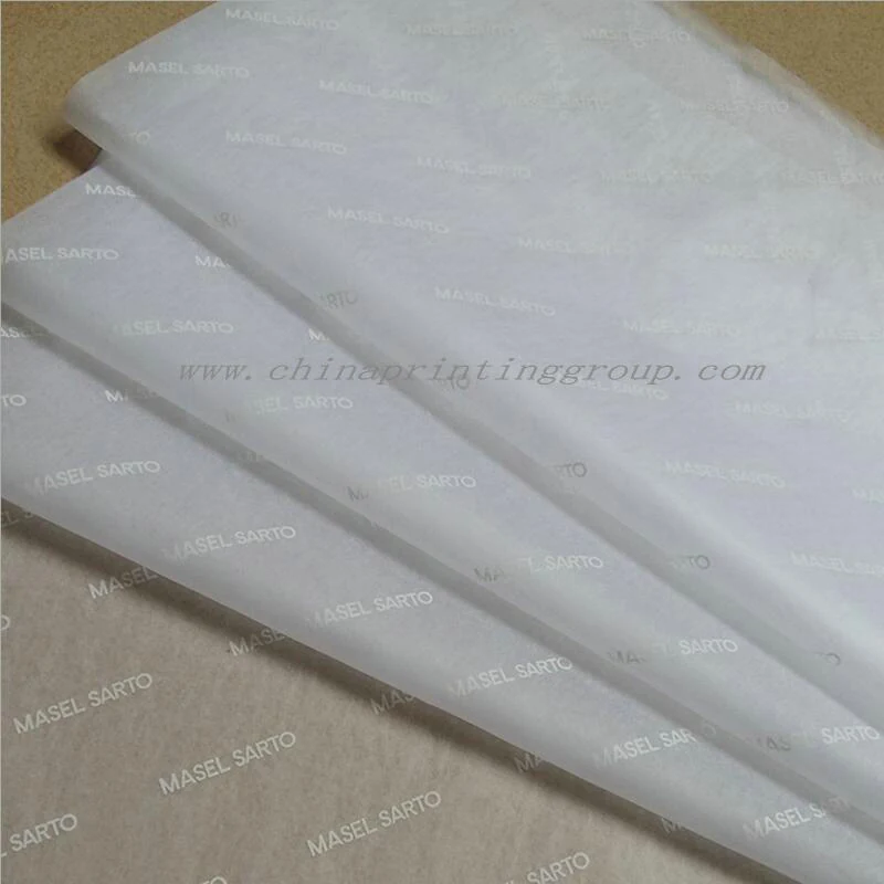 Flat sheet of custom printed tissue paper with brand artwork