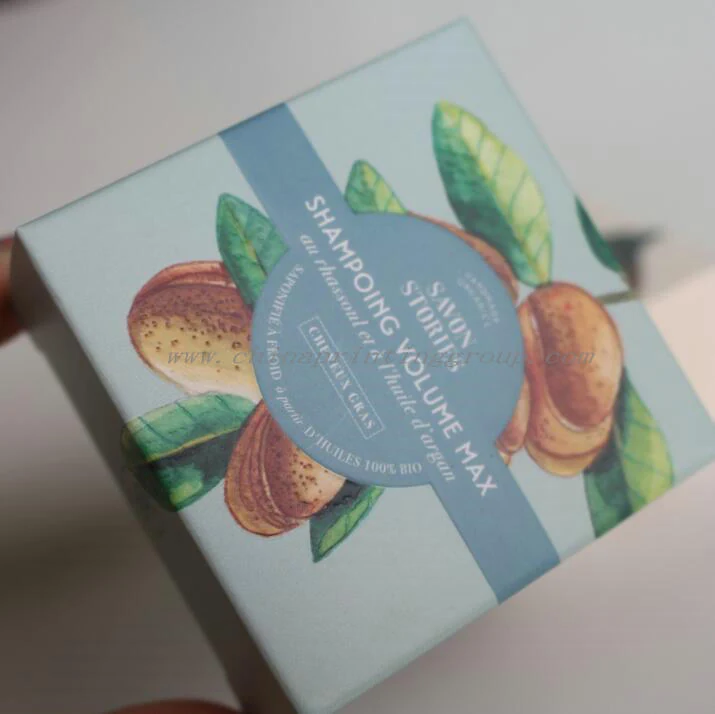 Soap bar box shown open with the bar inside