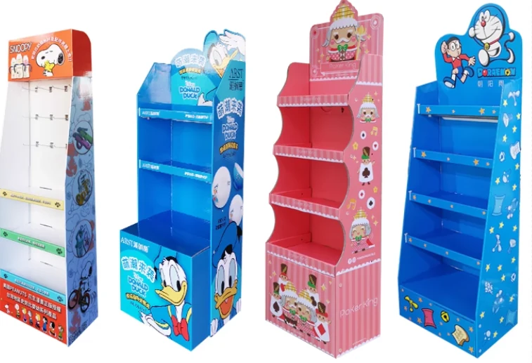 Cardboard retail display stand holding product on shelves