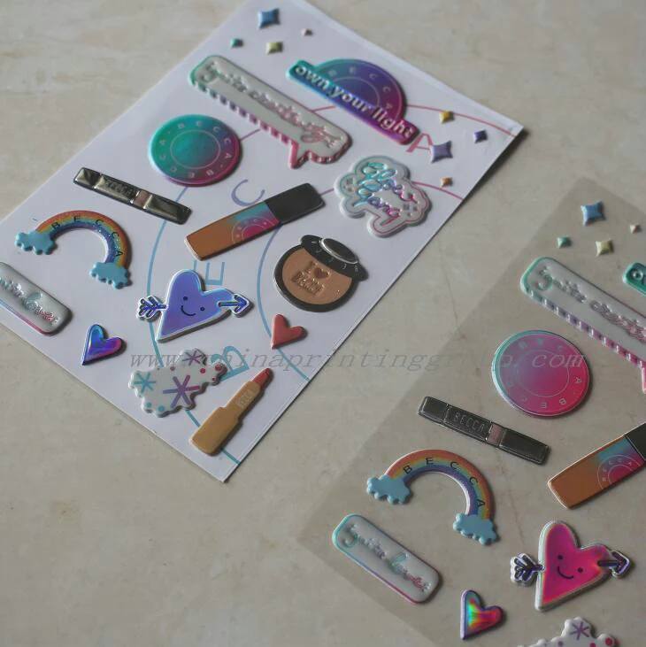 Holographic puffy sticker sheet with glitter finish
