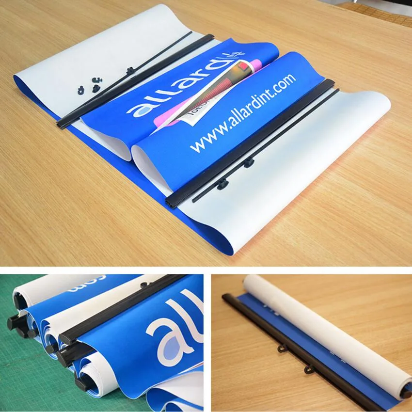 Retractable banner stand graphic being pulled up against its support pole