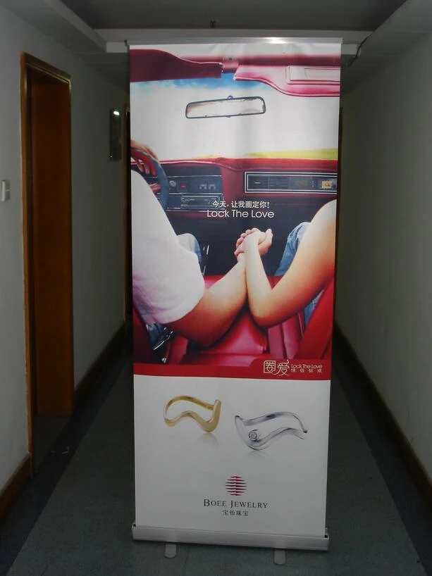 Roll up banner stand set up at an exhibition display