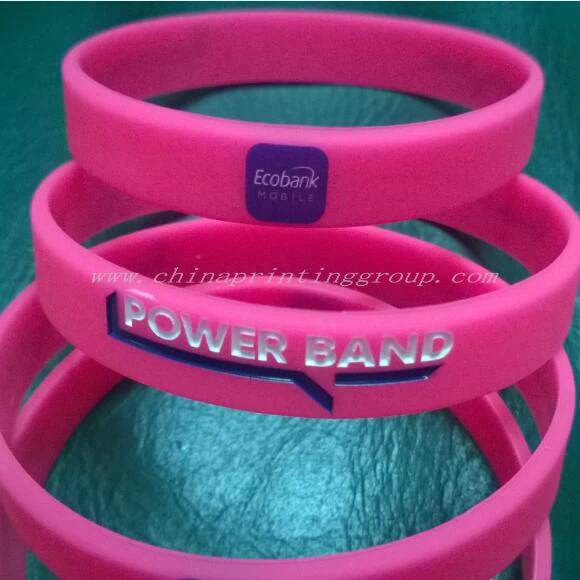 Debossed silicone wristband showing raised custom logo text